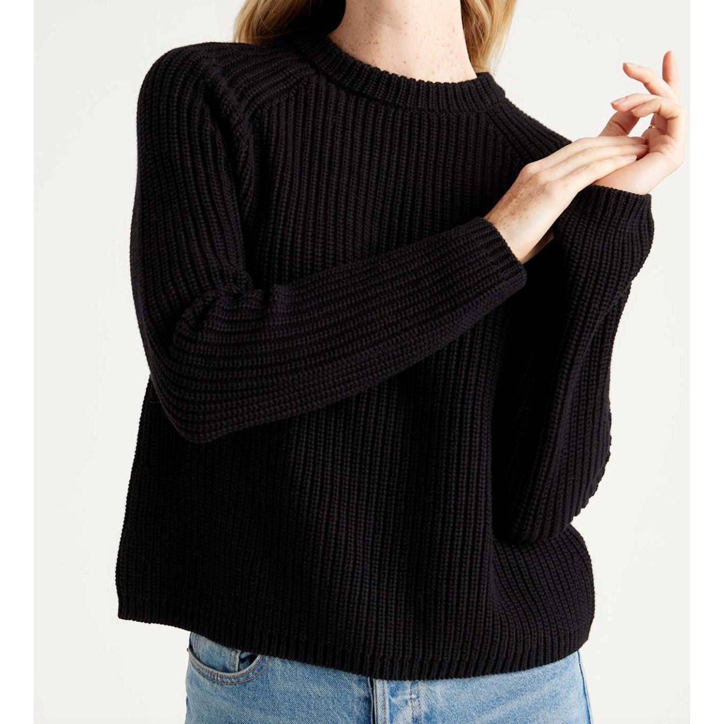 Quince Organic Cotton Fisherman Crewneck Long Sleeve Sweater Black XS