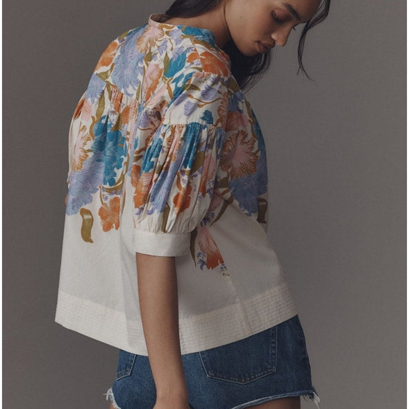 Anthropologie The Darcey Popover Floral Swing Top by Yukiko Noritake Cream XS