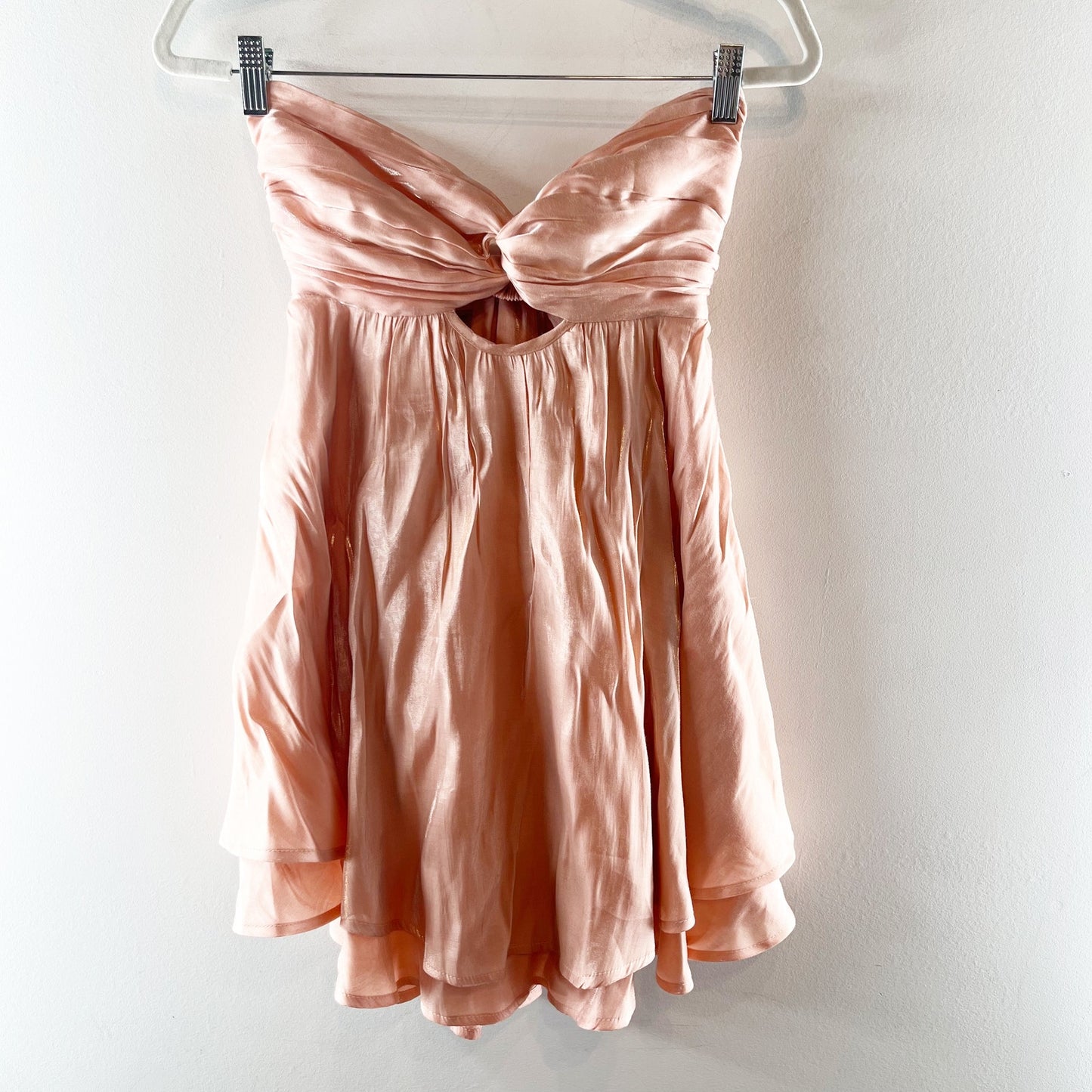 Cotton Candy LA Strapless Satin Twist Front Cutout Mini Dress Peach Pink Medium