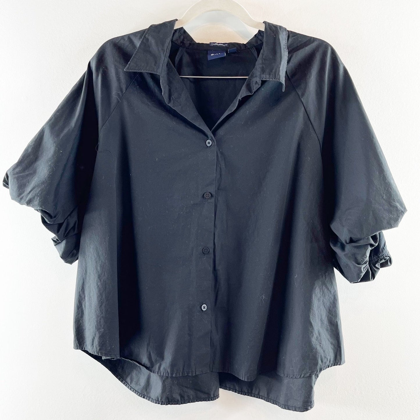 GAP Organic Cotton Short Puff Sleeve Button Down Shirt Top Black XXL