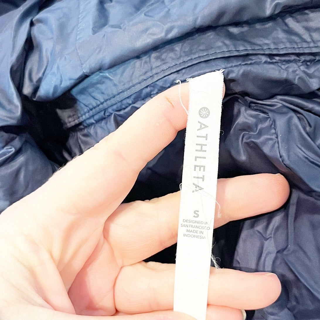 Athleta Pulse Reversible Down Puffer Jacket Coat Black Blue Small
