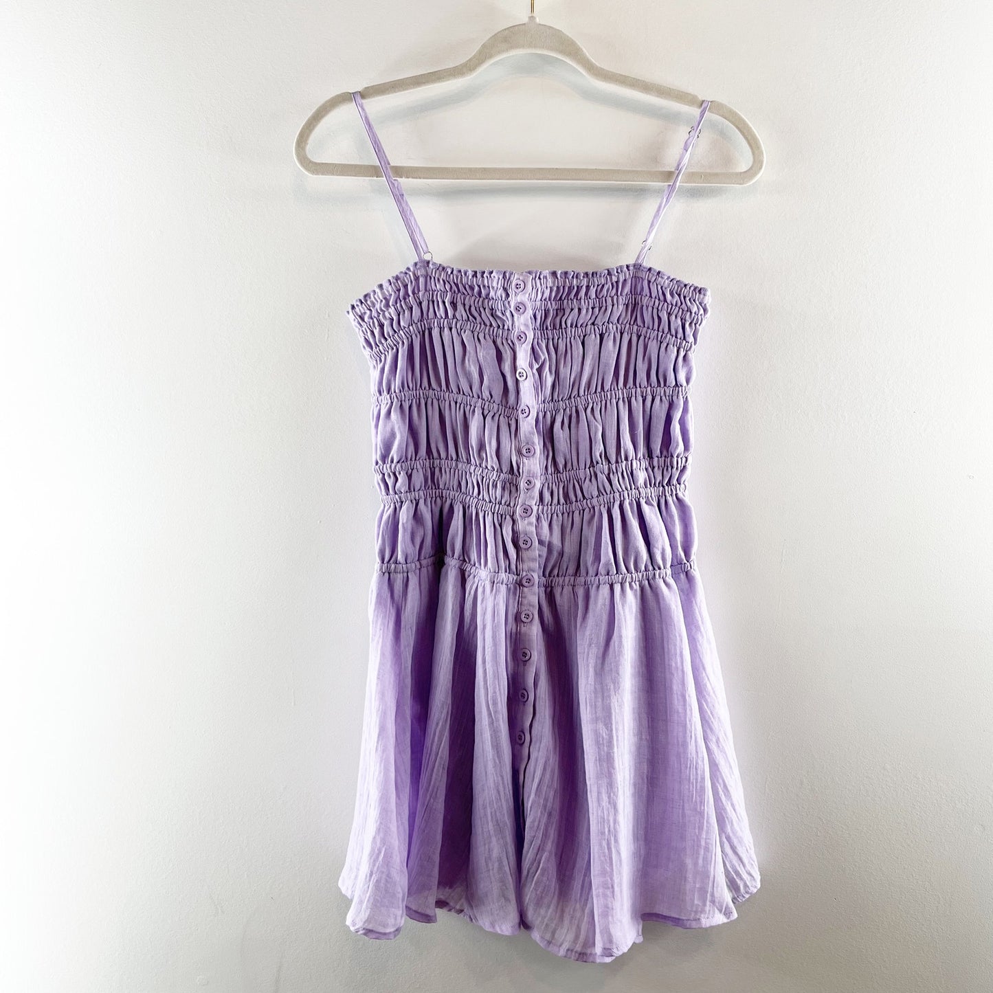 Sky to Moon Smocked Button Up Mini Dress Powder Lilac Purple Medium