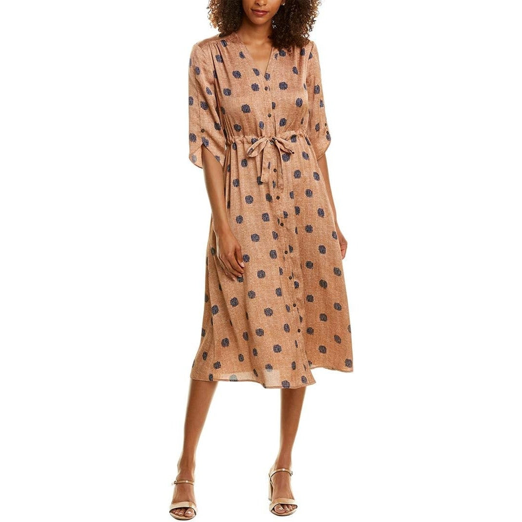 NIC + ZOE Street Seen 3/4 Sleeve Tie Waist Midi Bengal Shirt Dress Brown Small