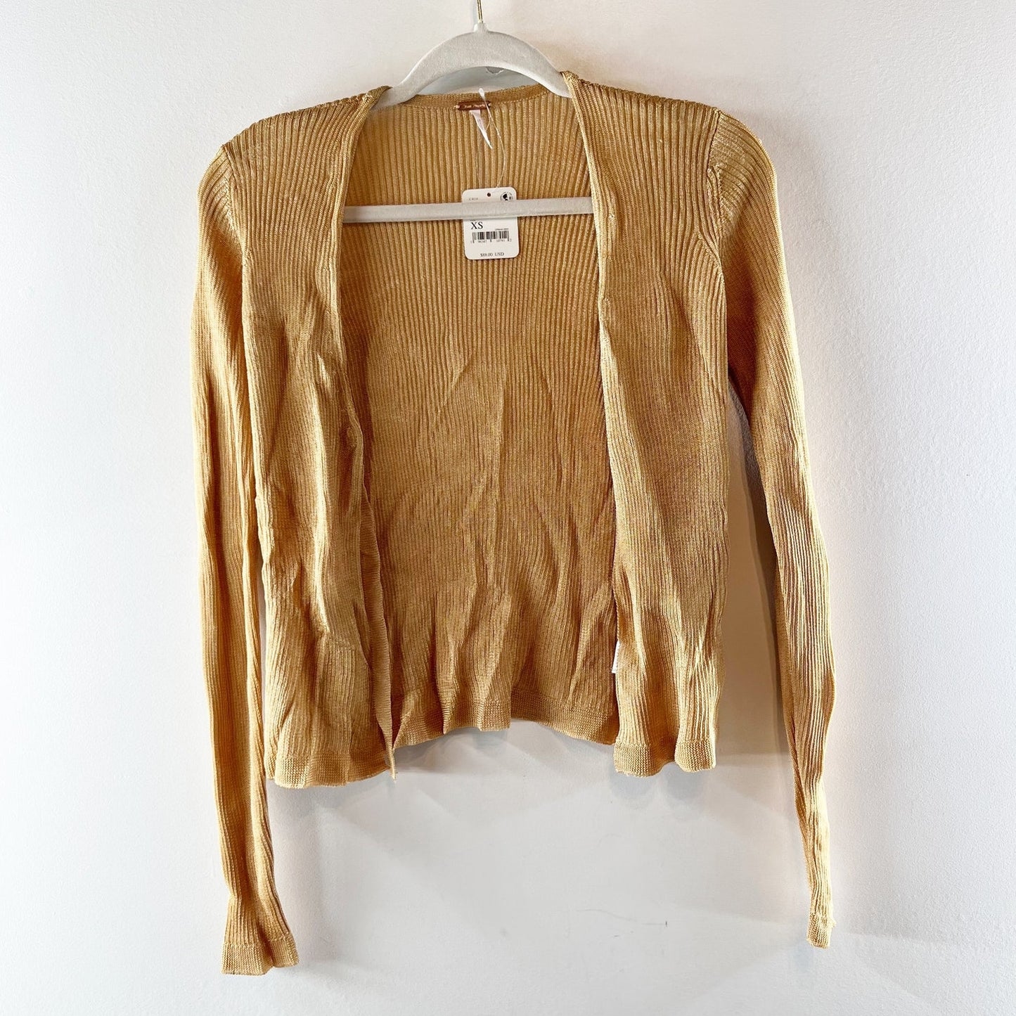 Free People Open Lightweight Knit Cardigan Sweater Metallic Gold Tan XS