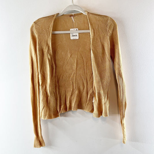 Free People Open Lightweight Knit Cardigan Sweater Metallic Gold Tan XS