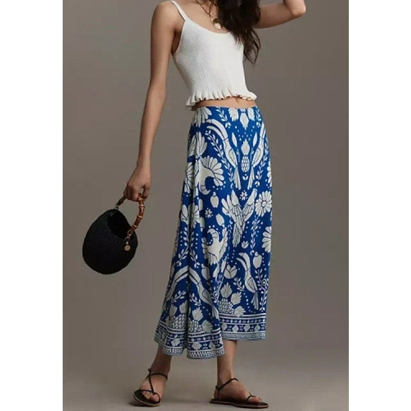 Farm Rio by Anthropologie Side Zip Mid-Rise Satin Slip Midi Skirt Blue White XS