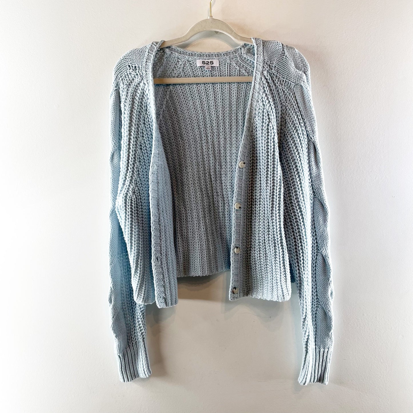 525 Long Cable Knit Sleeve Button Up Chunky Cotton Cardigan Sweater Light Blue L