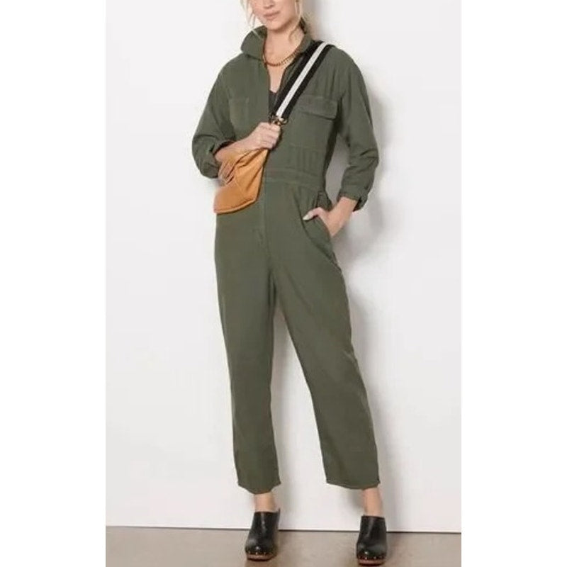 Rivet Utility Looker Long Sleeve Straight Leg Cotton Jumpsuit Green Medium