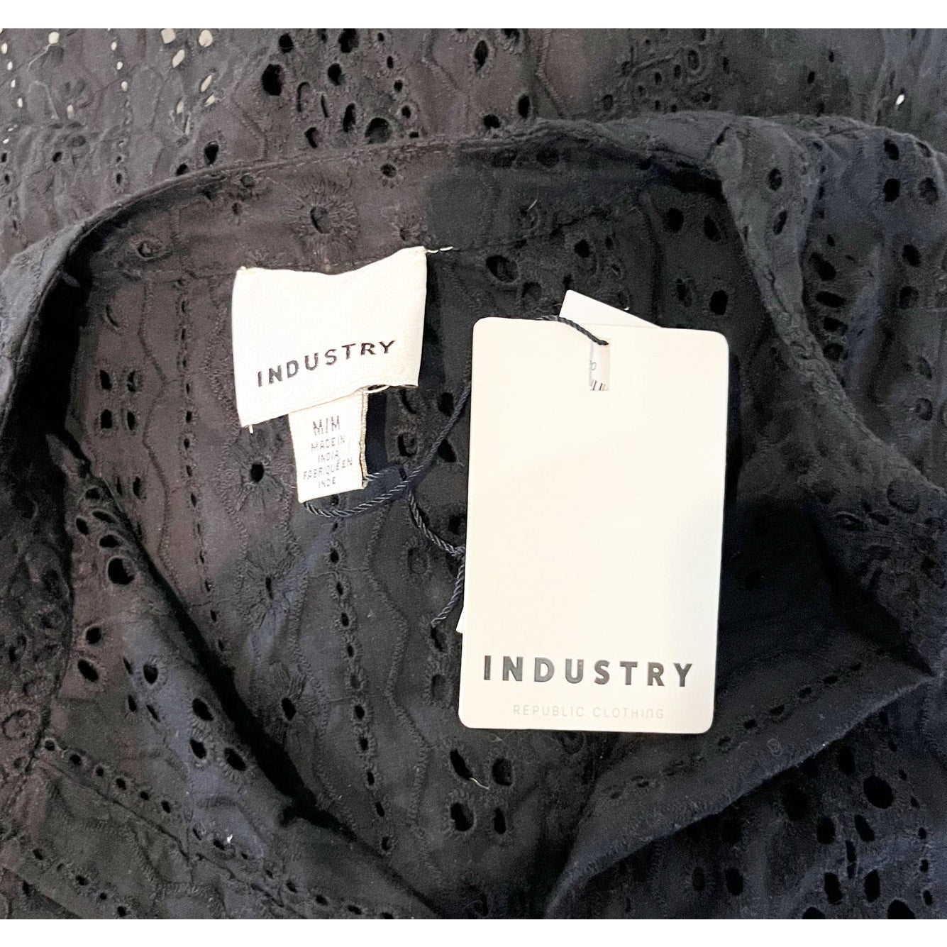 Industry 100% Cotton Eyelet Short Puff Sleeve Blouse Top Black Medium