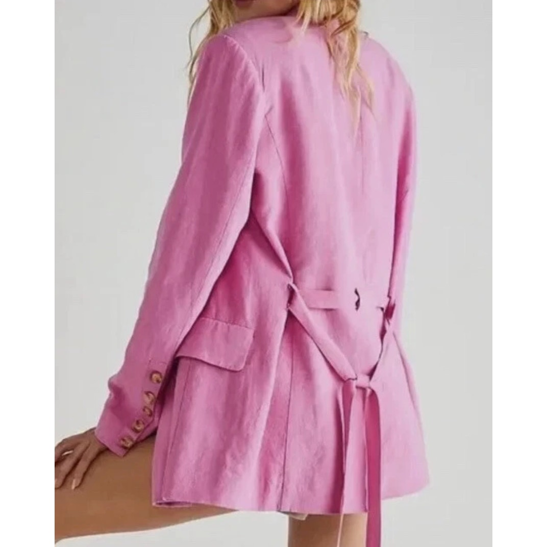 Free People Olivia Linen Blend Long Sleeve Belted Oversized Blazer Jacket Pink S