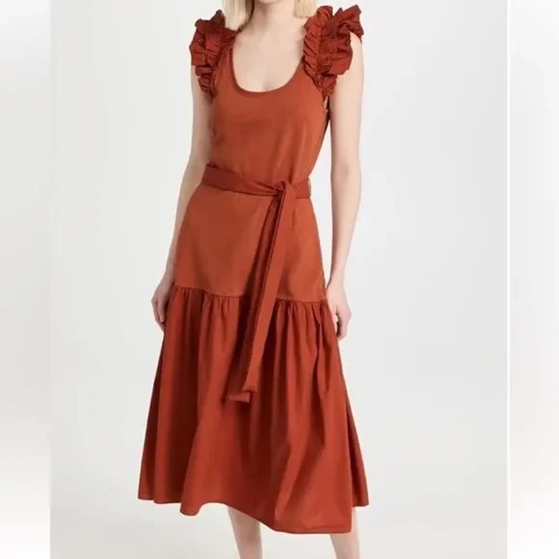 Nation LTD Everly Frilly Ruffle Strap Tiered Cotton Midi Dress Cayene Red Small