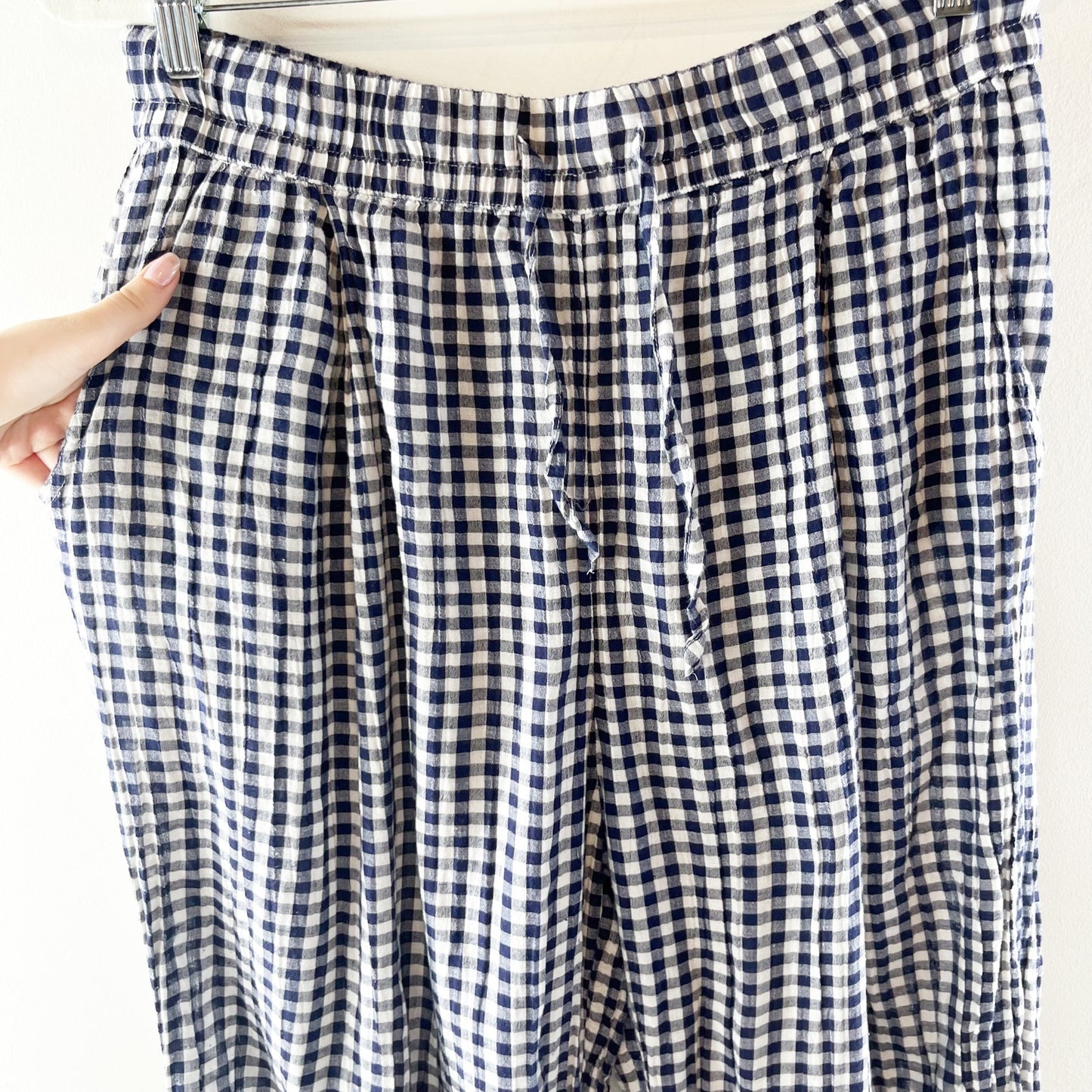 GAP High Rise Crinkle Wide Leg Gingham Pants White Blue XL