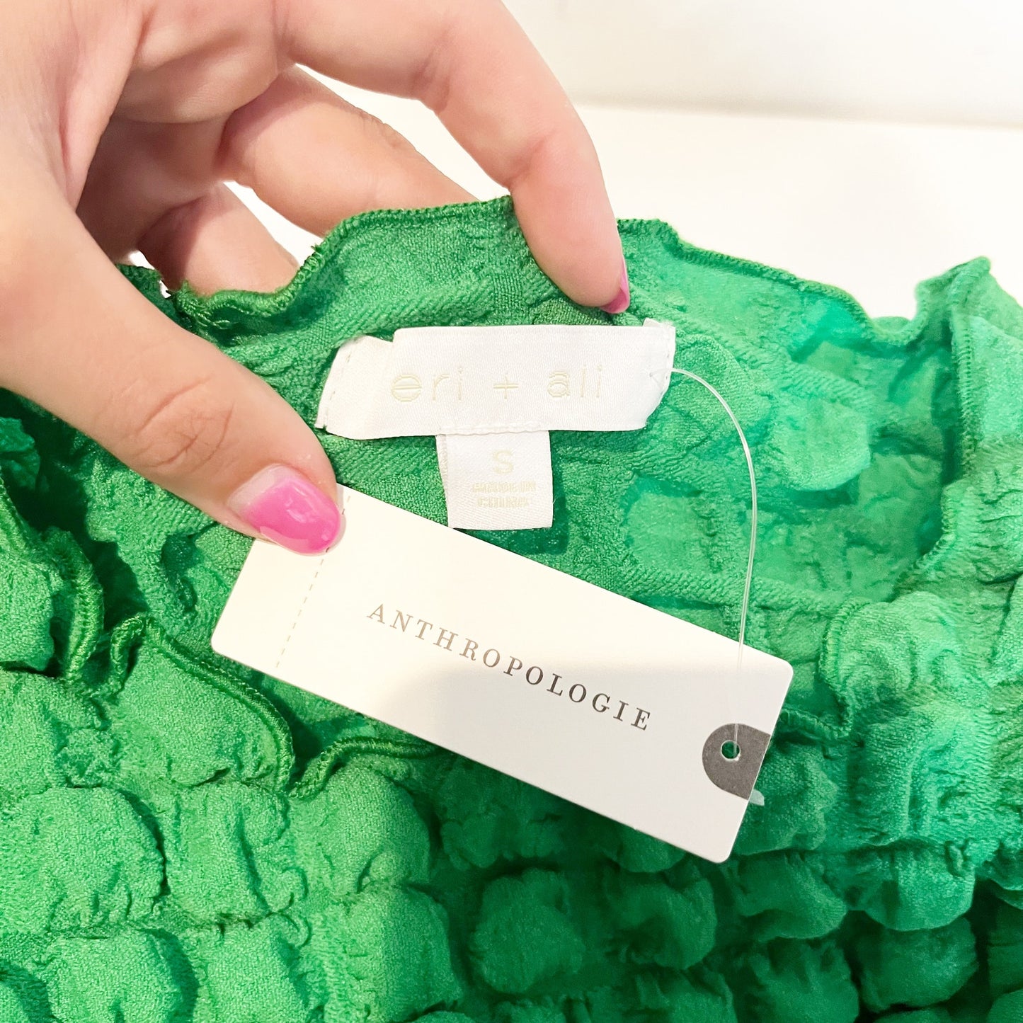 Eri + Ali Anthropologie Textured Puff Sleeve Top Shirt Blouse Green Small
