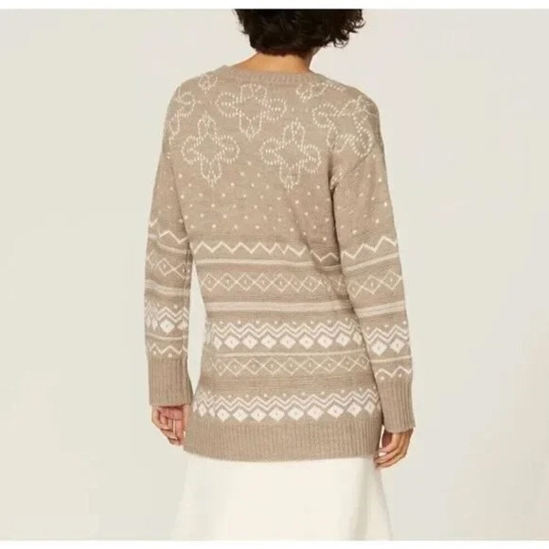Thakoon Fair Isle Intarsia Crewneck Pullover Tunic Sweater Tan Beige XL