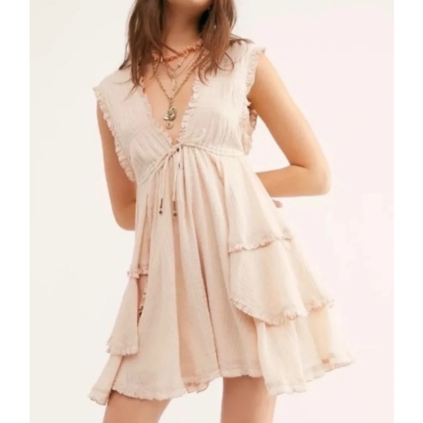 Free People Antoinette Endless Summer V Neck Mini Dress Tan Beige XS