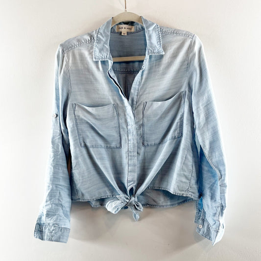 Cloth & Stone Tie Front Long Sleeve Button Down Chambray Denim Shirt Blue XS