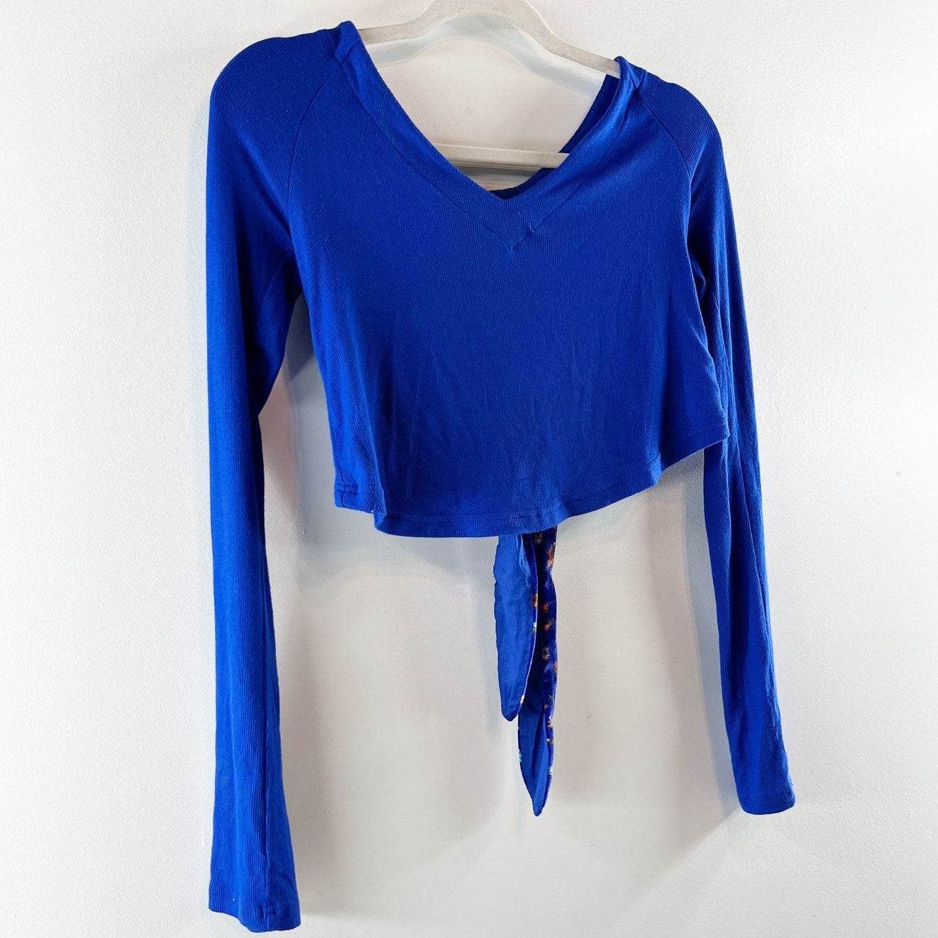Free People Long Sleeve Looking Forward Back Cutout Tie Crop Top Blue Small