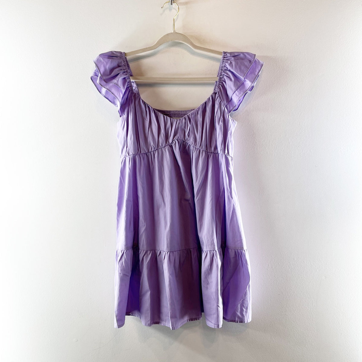 Abercrombie Ruffle Sleeve Scoopneck Smocked Back Tiered Mini Dress Purple Medium