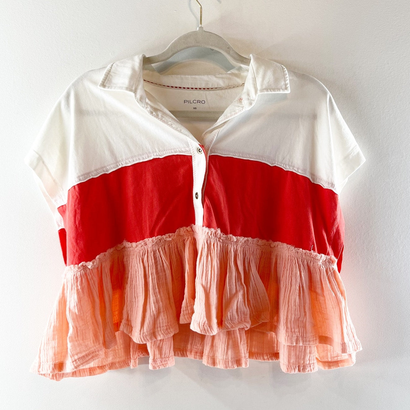 Pilcro Anthropologie Bonfire Rugby Collared Short Sleeve Peplum Top White XS