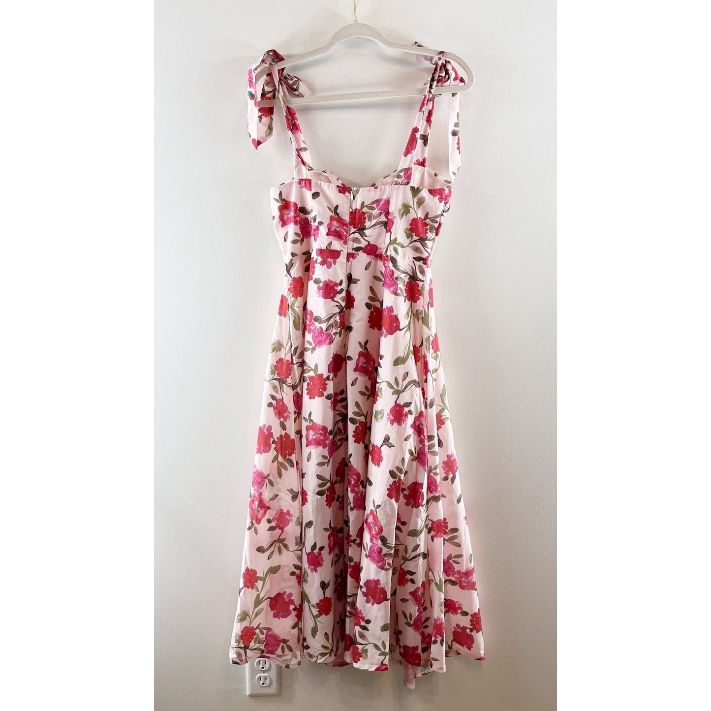 Here Comes the Sun Floral Tie Strap Fit & Flare Midi Dress White Pink Medium