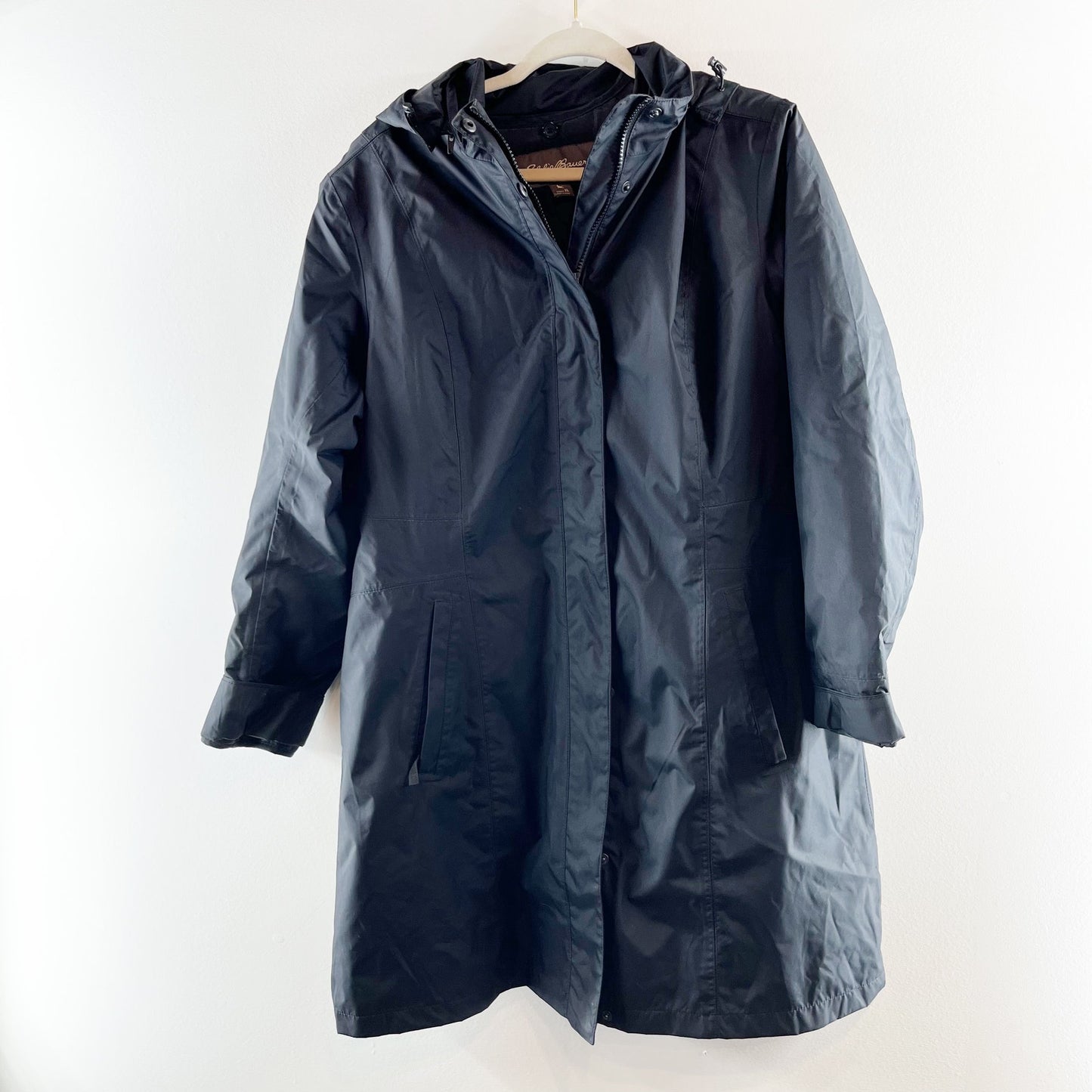 Eddie Bauer Long Sleeve Lined Full Zip Hooded Rain Coat Jacket Parka Black XL