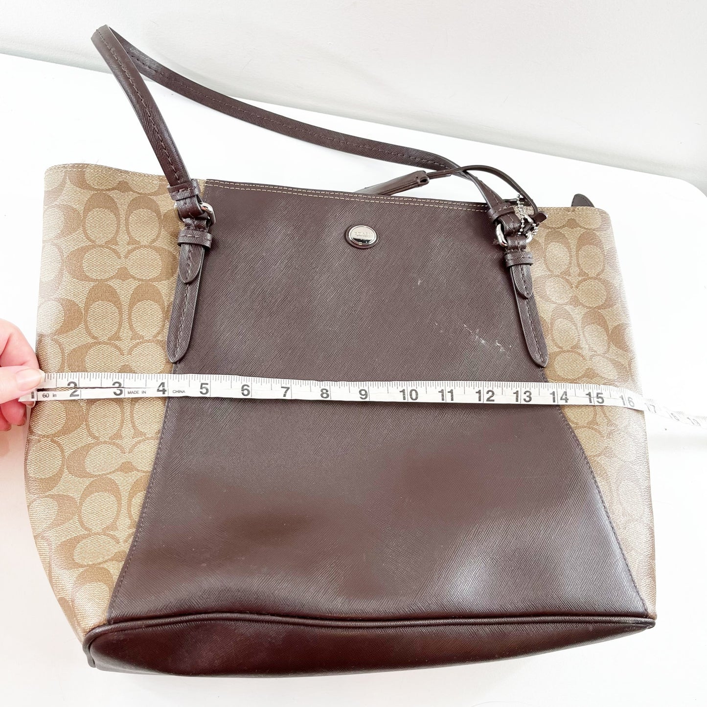 Coach Peyton Leather Canvas Signature C Tote Purse Bag Brown