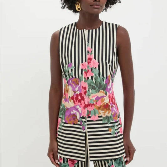 Tuckernuck Rhoda Flowering Trellis Striped Structured Tunic Top White Black 6