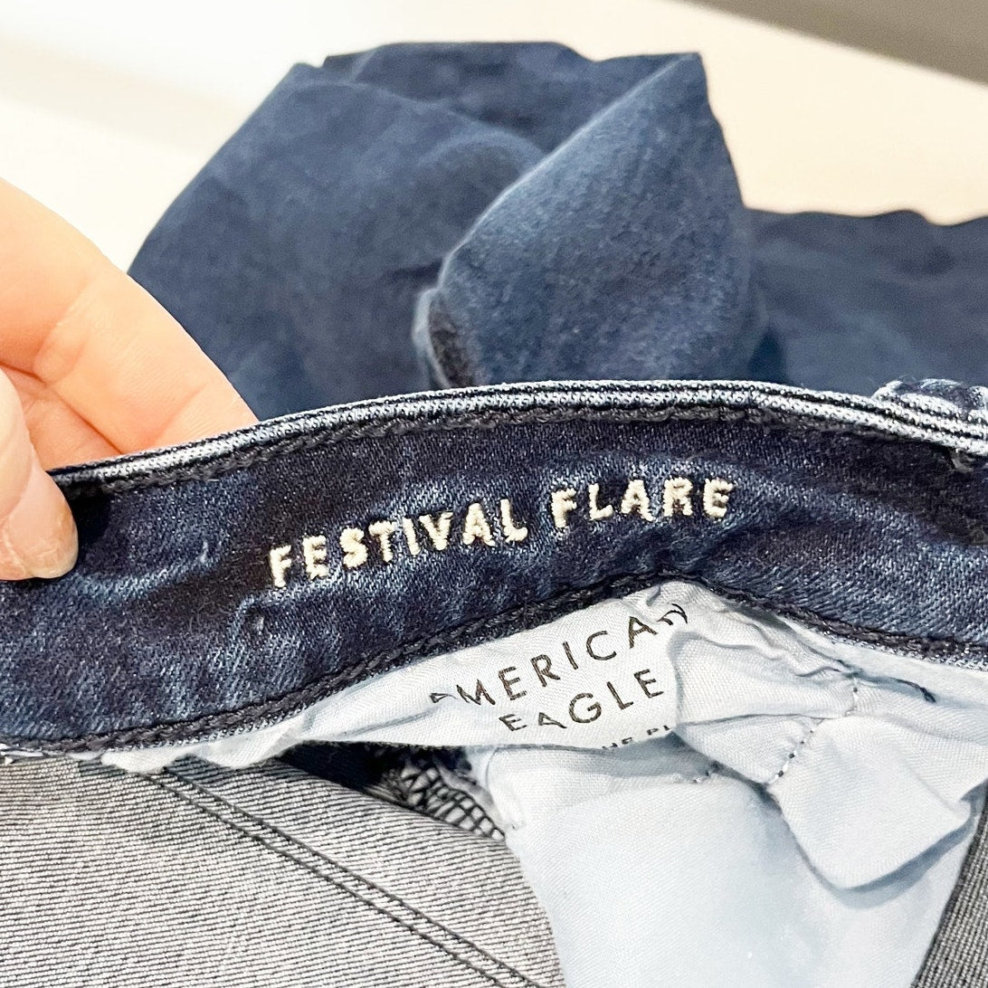 American Eagle High Rise Slit Hem Festival Flare Jeans Blue 12