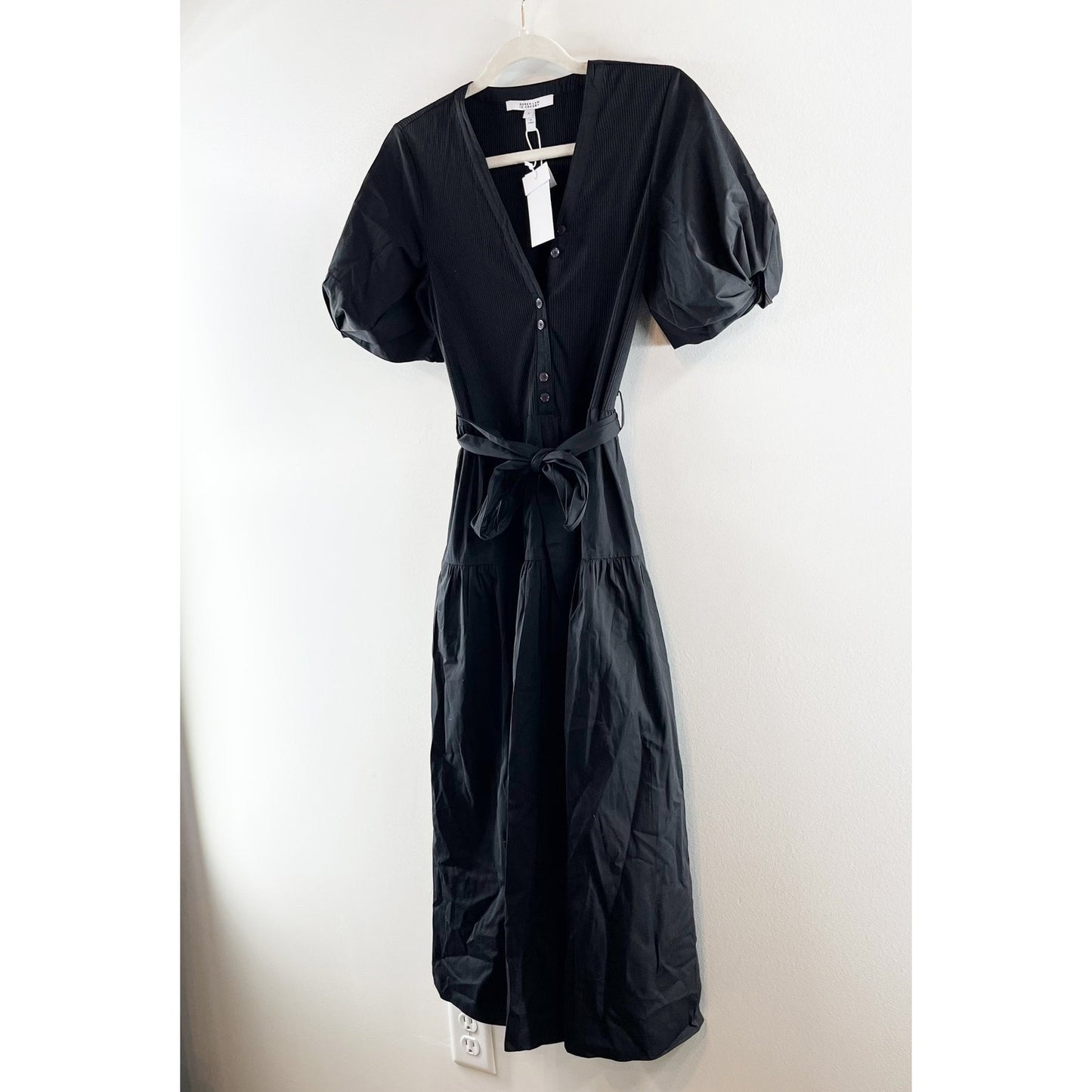 Derek Lam 10 Crosby Natalia Short Puff Sleeve Poplin Midi Dress Black Small