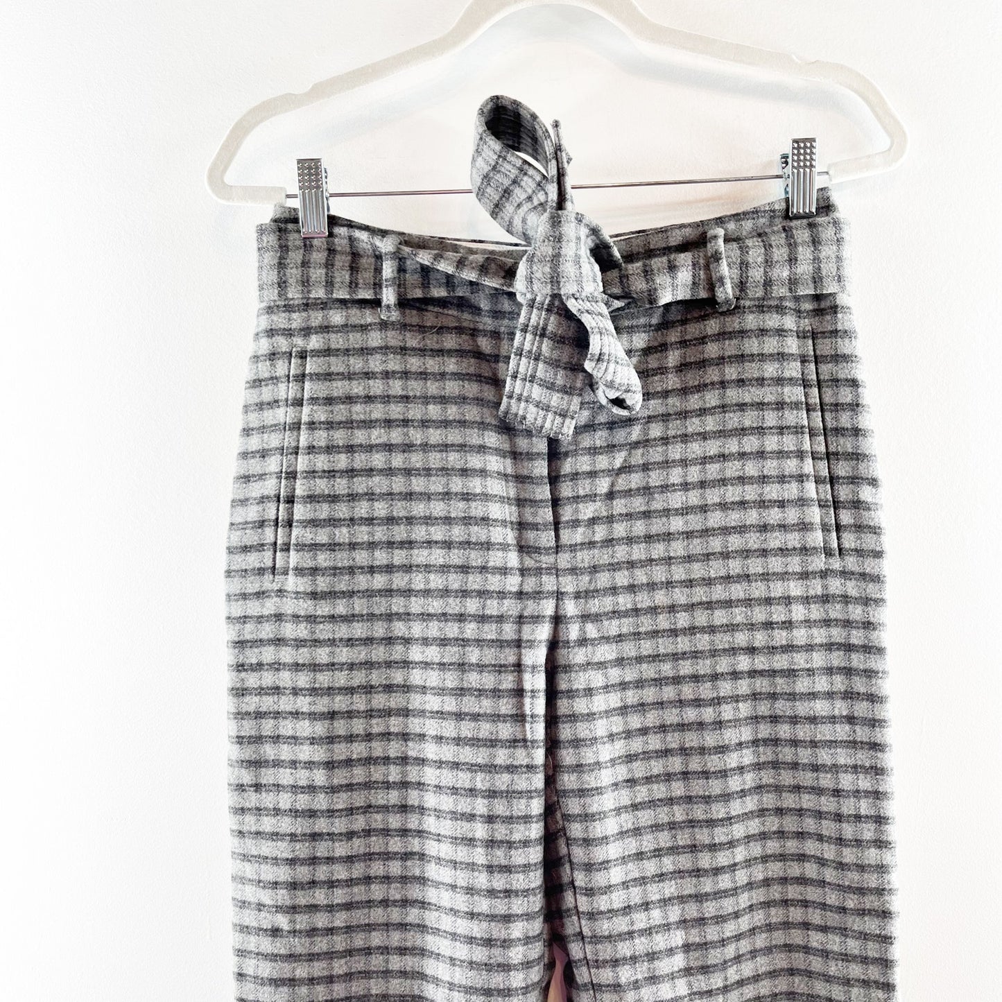 Aritzia Wilfred Wool High Rise Belted Tie Waist Plaid Check Pants Gray 6