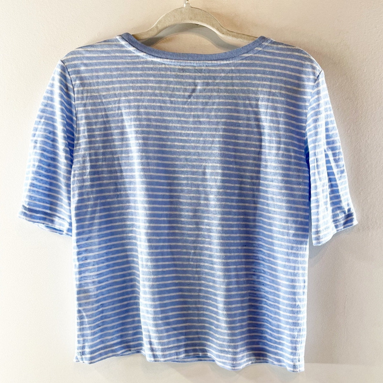 Vince. 100% Linen Striped Elbow Length Crewneck Tee Shirt Blue XXS