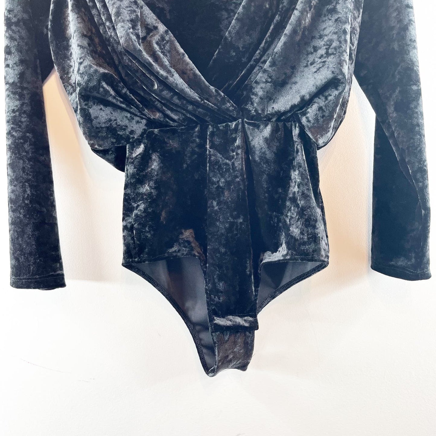 Misa Los Angeles Plunge V Neck Crushed Velvet Long Sleeve Bodysuit Black XS