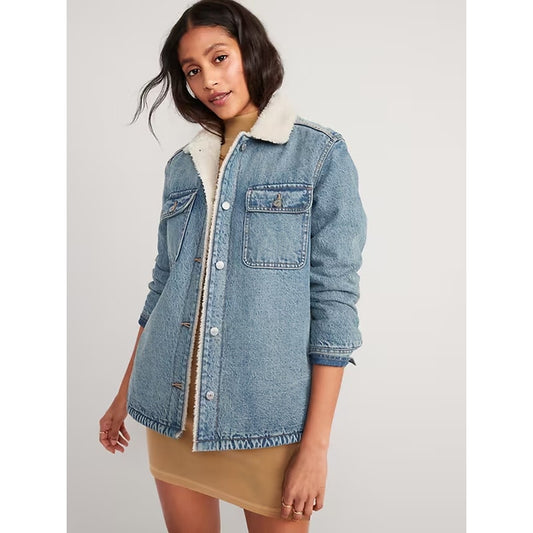 Old Navy Sherpa-Lined Non-Stretch Denim Jean Utility Shacket Blue Small
