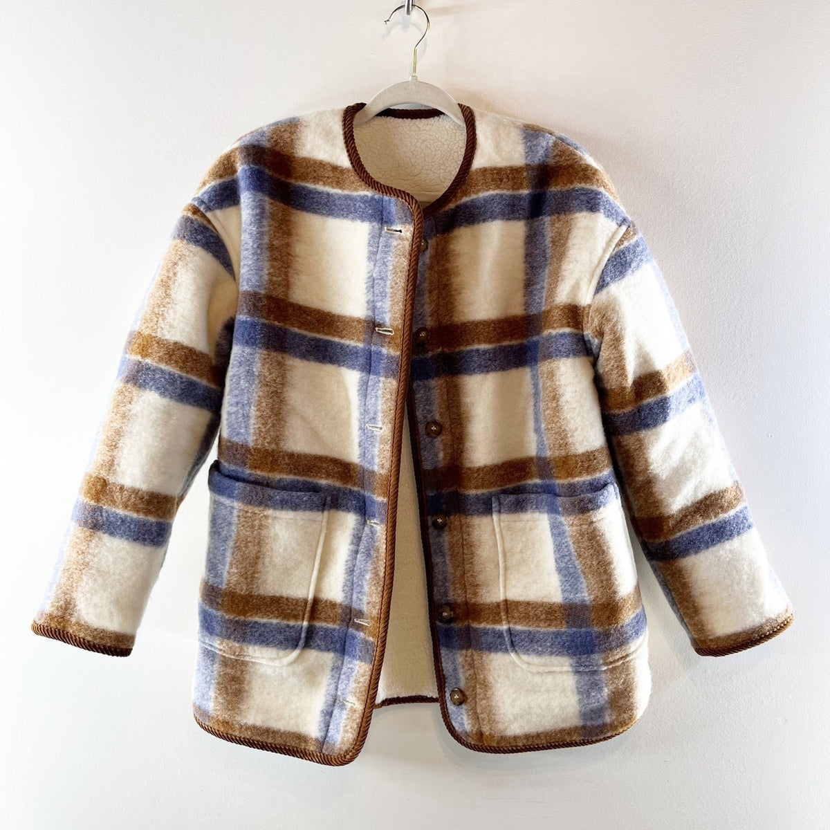 Sezane Veste Sari Laine Carreaux Reversible Sherpa Jacket Écru Camel Bleu 34 / 2