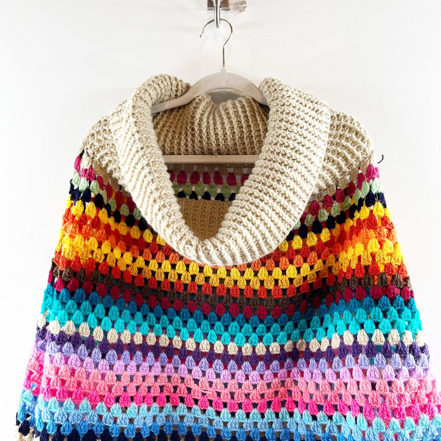 Saachi Earth to Sky Crochet Knit Poncho Rainbow Tassel Fringe Tan One Size