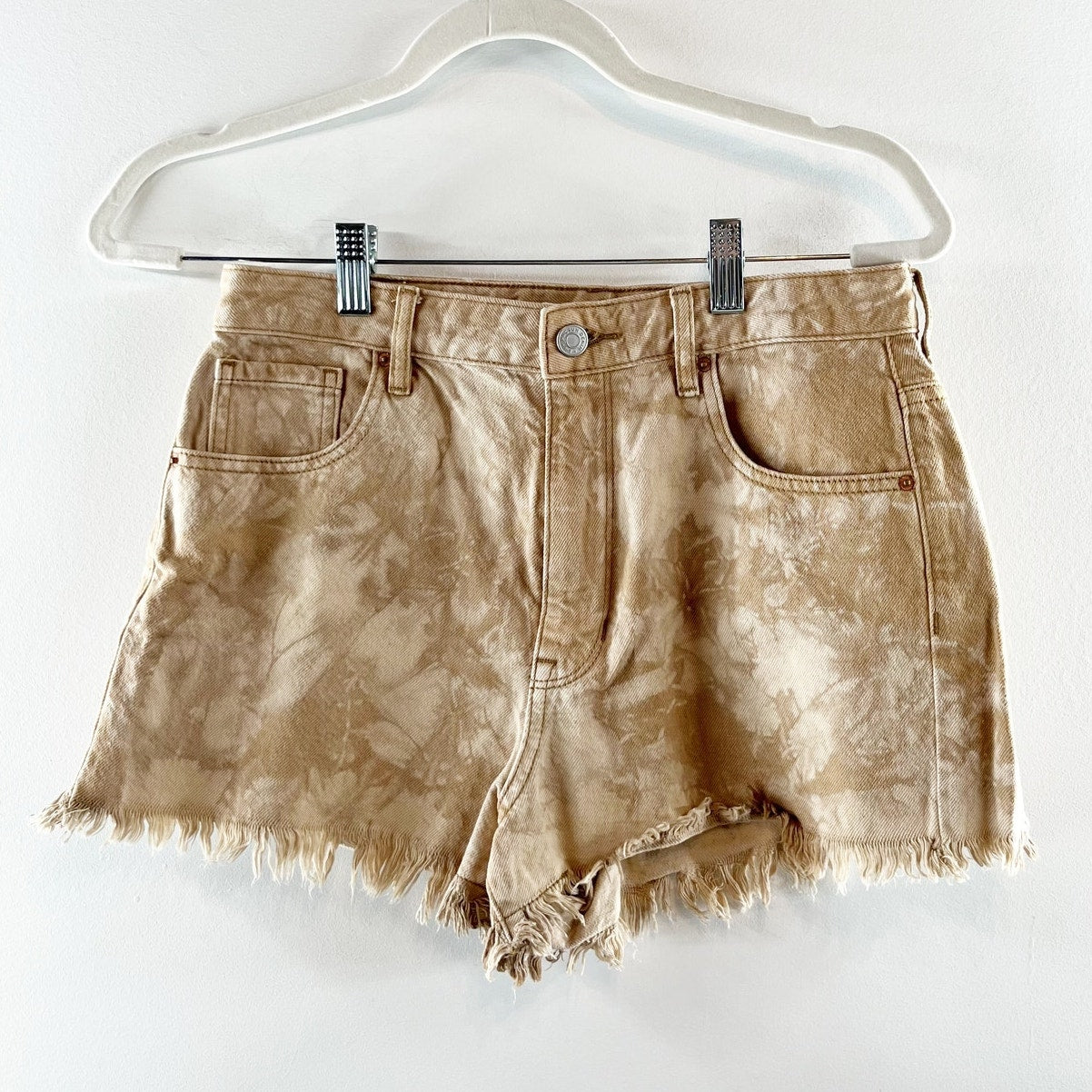 PacSun Sand Tie Dye High Waisted Frayed Denim Festival Shorts Beige Tan 6