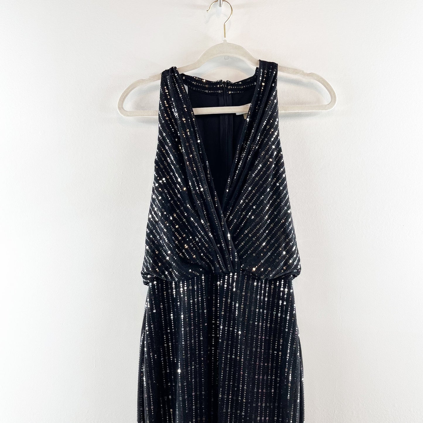 Calvin Klein Sleeveless V Neck Blousson Top Sequin Sparkle Maxi Dress Gown Black