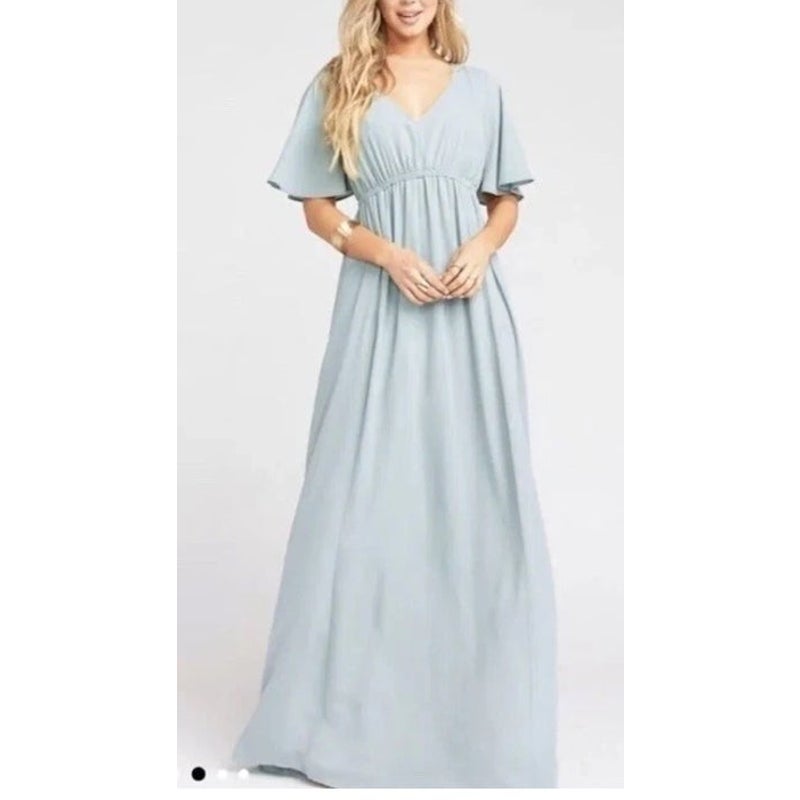 Show Me Your Mumu Emily Flutter Sleeve Empire Maxi Dress Silver Sage Medium