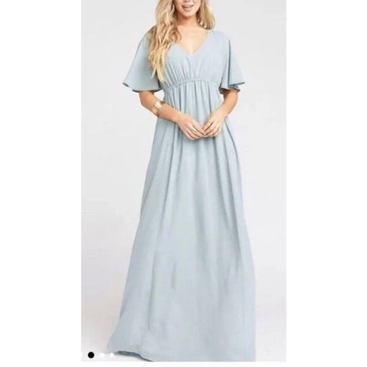Show Me Your Mumu Emily Flutter Sleeve Empire Maxi Dress Silver Sage Medium