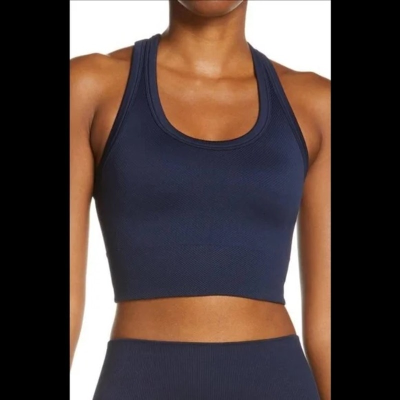 SPANX Look At Me Now Racerback Textured Longline Sports Bra Navy Blue 1X