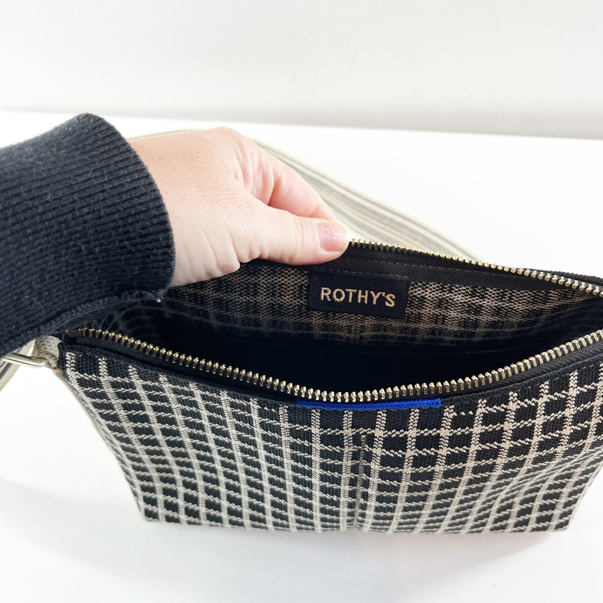 Rothy's The Casual Crossbody Bag Purse Black with Ivory Grid Print