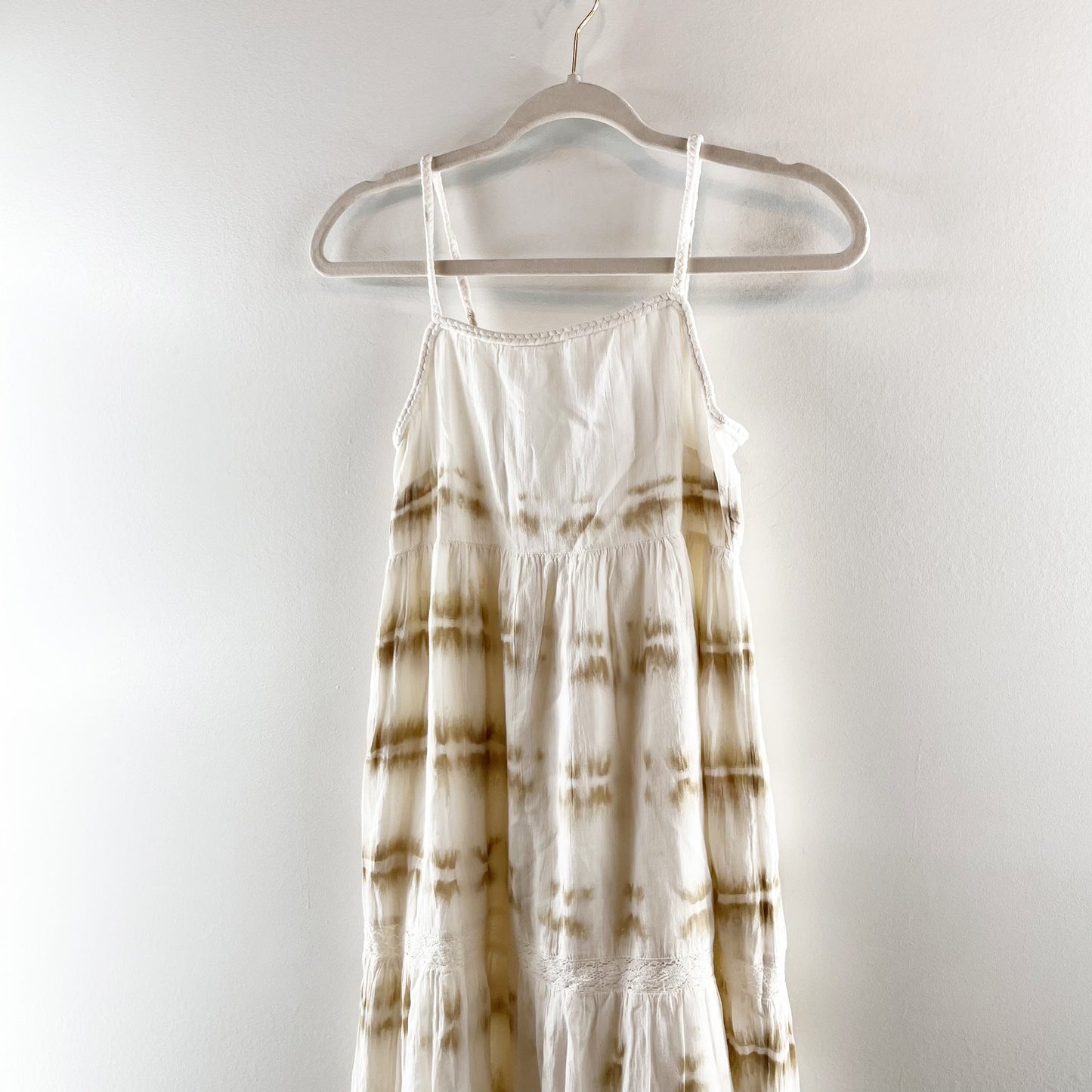 Aerie Cotton Tie Dye Tiered Maxi Sundress Dress Cream Tan XS NWT