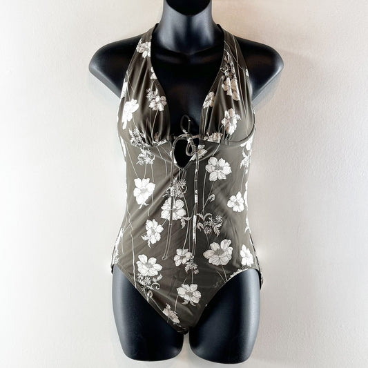 DKNY Foral Halter Plunge Tie Front One Piece Swimsuit Green 12