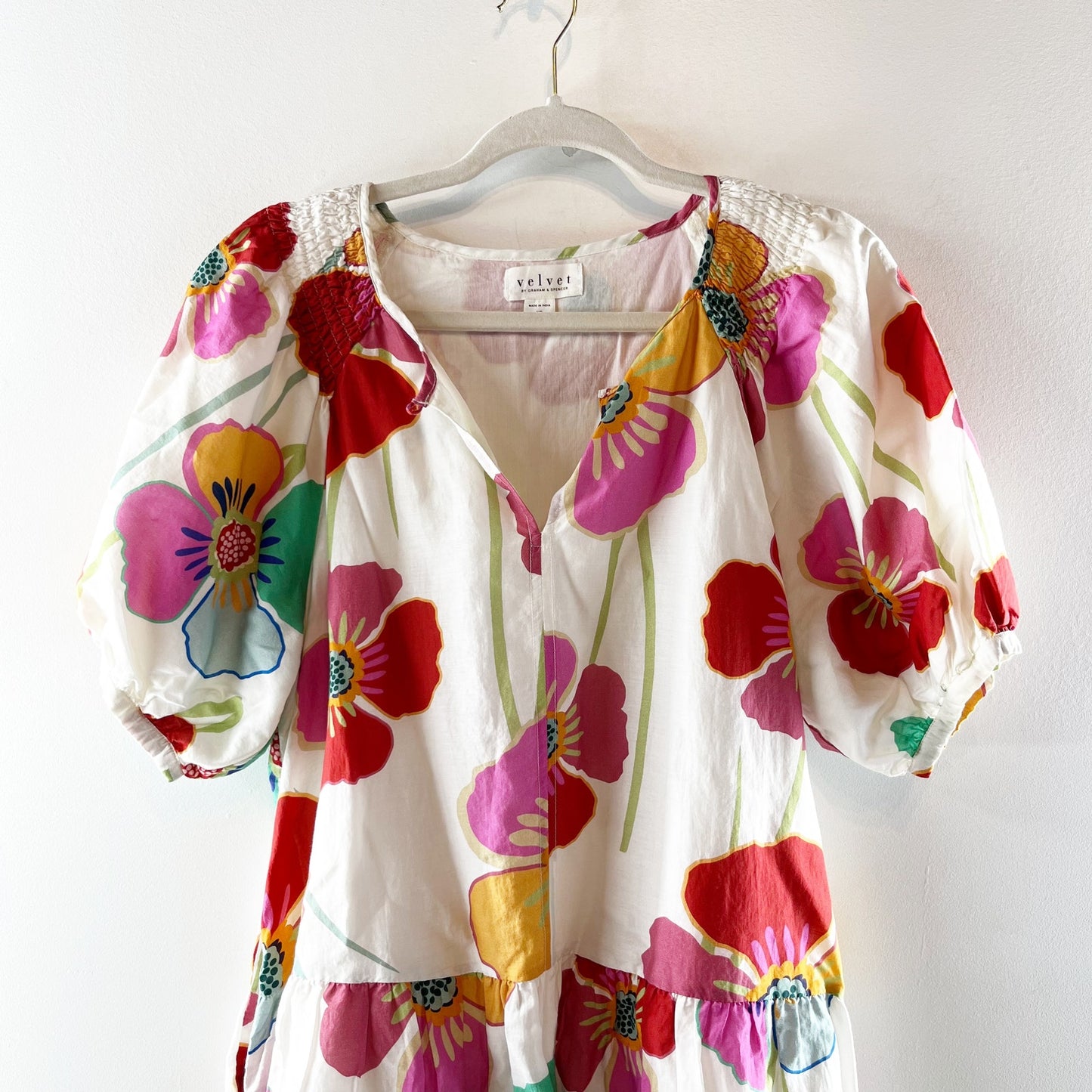 Velvet by Graham & Spencer Rachel Floral Puff Sleeve Mini Dress White Pink XS