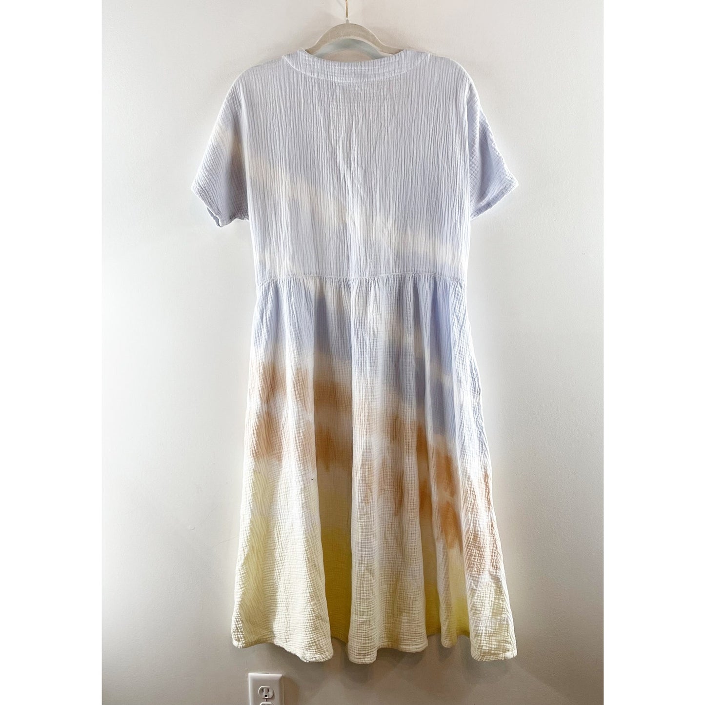 Madewell Tie-Dye Lightspun Button-Front Gauze Cotton Midi Dress Blue Yellow M