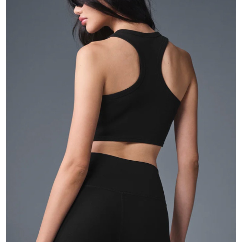 Alo Aspire Ribbed Cropped Racerback Logo Tank Top Black