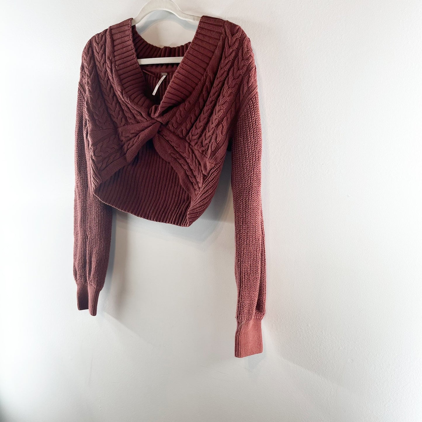 Free People Emilie Cropped Twist Front Cable Sweater Cherry Cola Red Medium