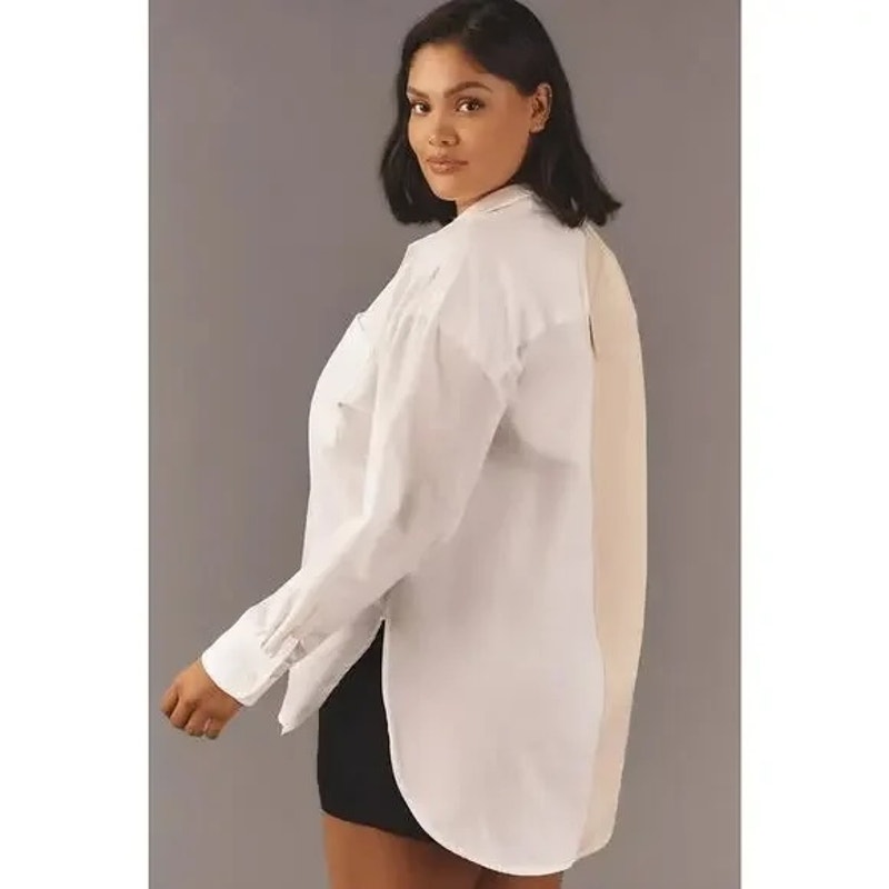 Maeve Anthropologie Bennett Colorblock Long Sleeve Button Down Shirt Tan White L