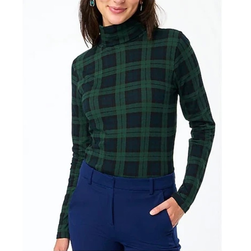J. Crew Cotton Tissue Long Sleeve Turtleneck Top Black Watch Tartan Plaid Small