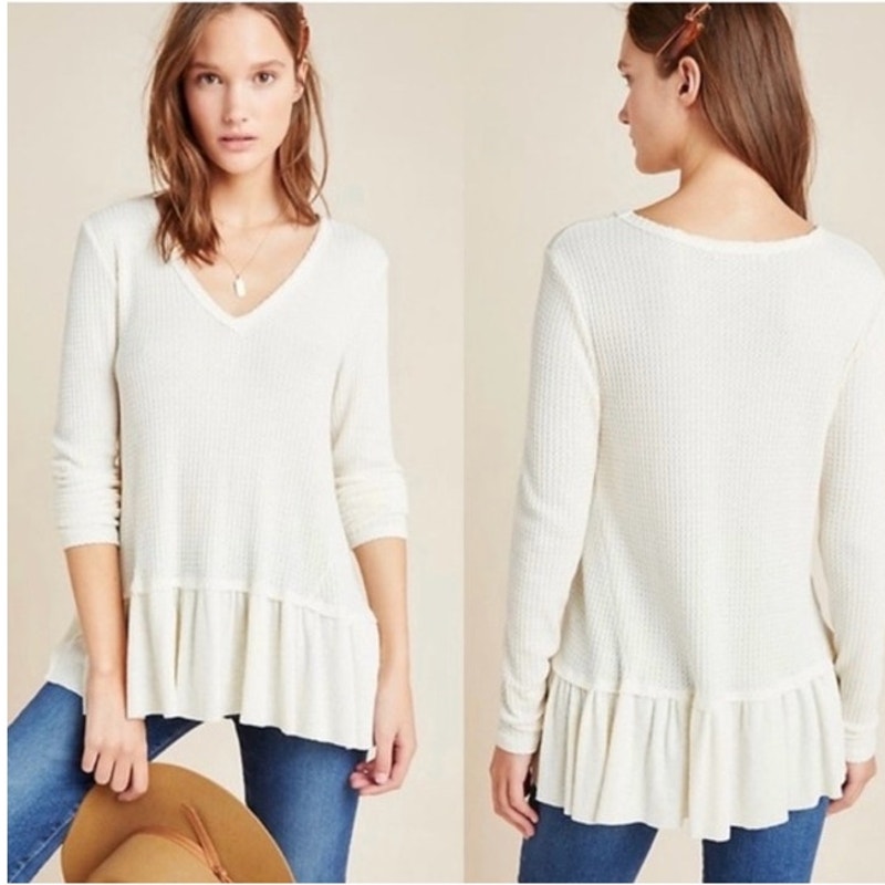 Eri + Ali by Anthropologie V-Neck Waffle Knit Peplum Top White Medium